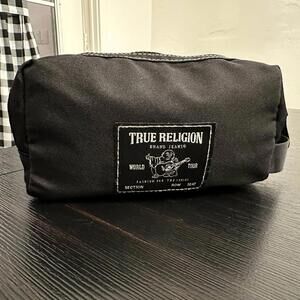 True Religion World Tour Black Zip Pouch Travel Toiletry Bag Logo, EUC